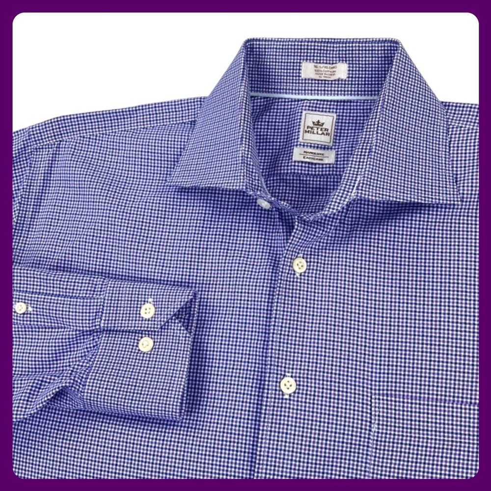 Peter Millar Nanoluxe Shirt Men's 16.5 XLONG Purple‎ Gingham Check Long Sleeve